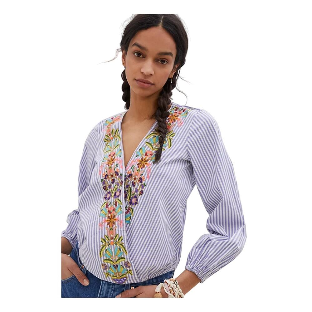 Anthropologie Lavender Stripe Embroidered V-Neck Blouse